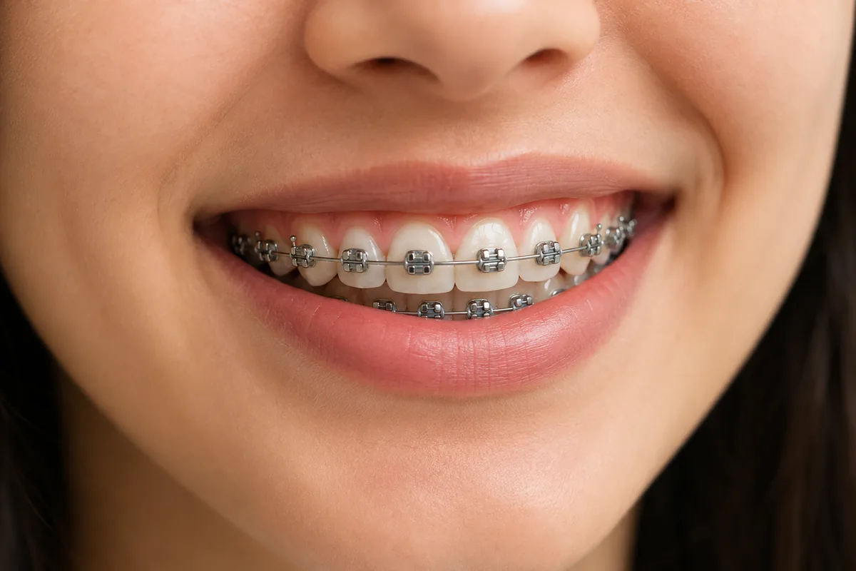 Close-up of a smile with metal braces fitted at Dr Batra's Dental Hub, South Bopal, Ahmedabad
