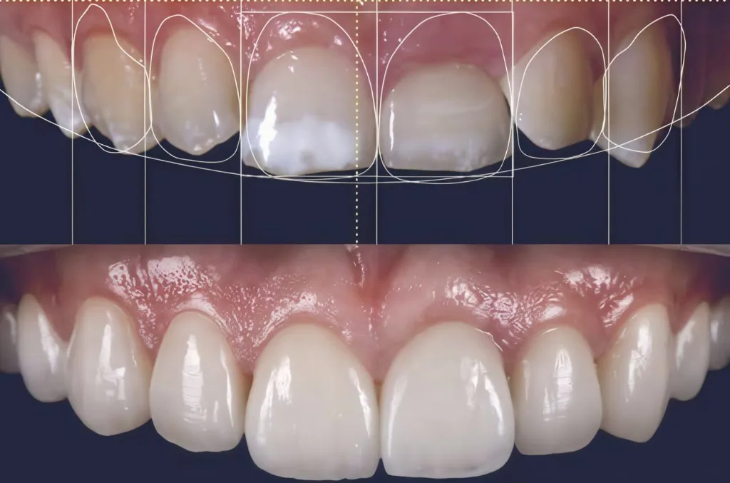 Digital smile design mapping and custom porcelain veneers before and after case by Dr Batra's Dental Hub