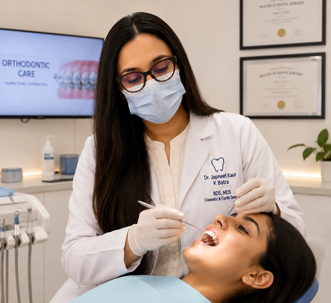 Dr Japneet Kaur Batra, MDS Orthodontist, fitting braces at Dr Batra's Dental Hub, South Bopal, Ahmedabad